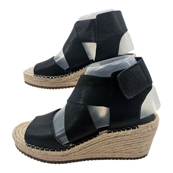 Eileen Fisher Womens 7 Willow Espadrille Wedge Black Leather Sandals - Picture 1 of 10